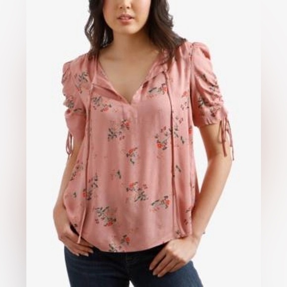 Lucky Brand Floral Mauve Top Ruched Tie Sleeve sz Small - Picture 1 of 9